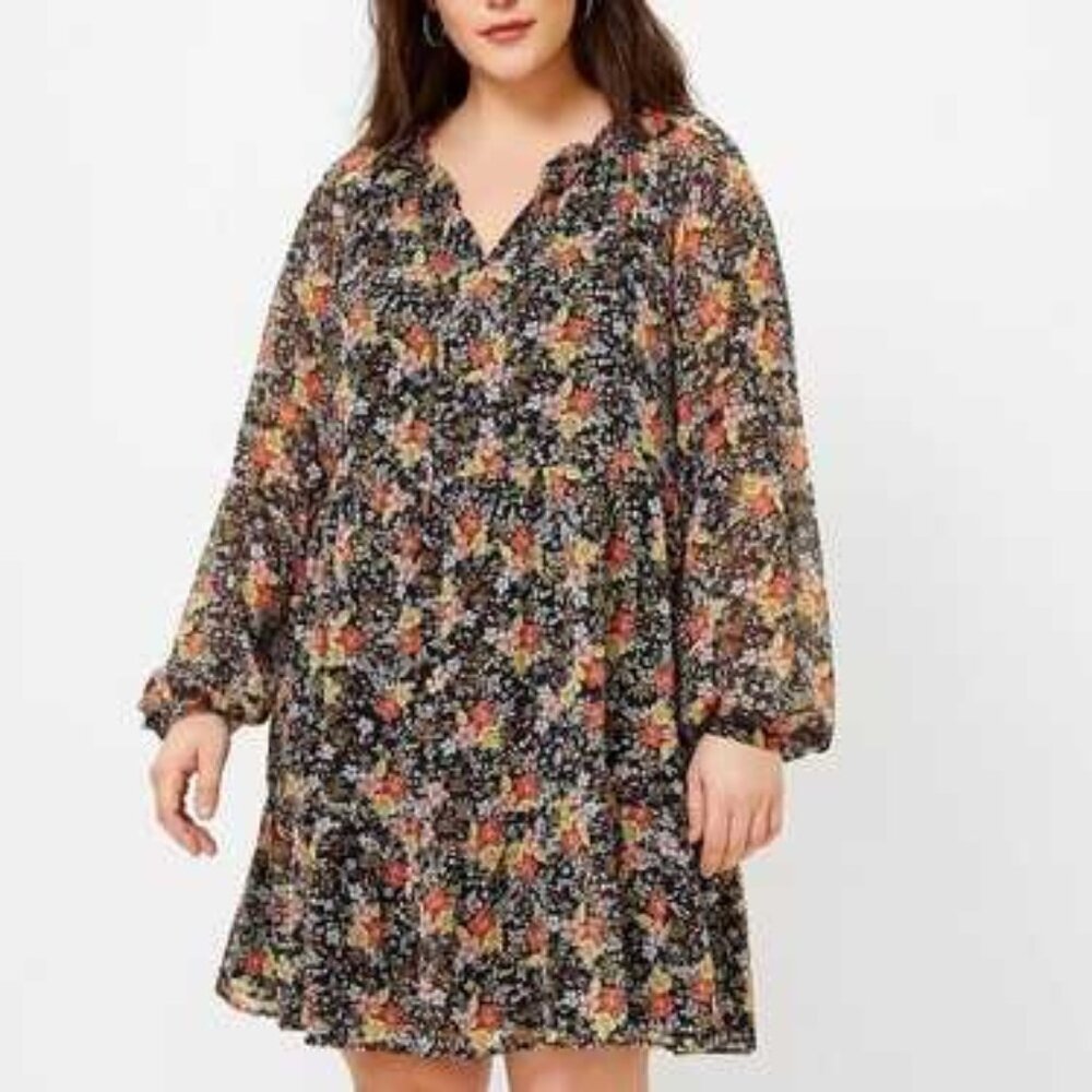 LOFT Black Yellow Floral Print Long Sleeve Swing Dress Size 14
